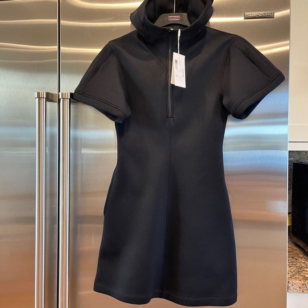 NWT Helmut Lang Neoprene Hooded Mini Dress Black Hooded Zip up with pockets